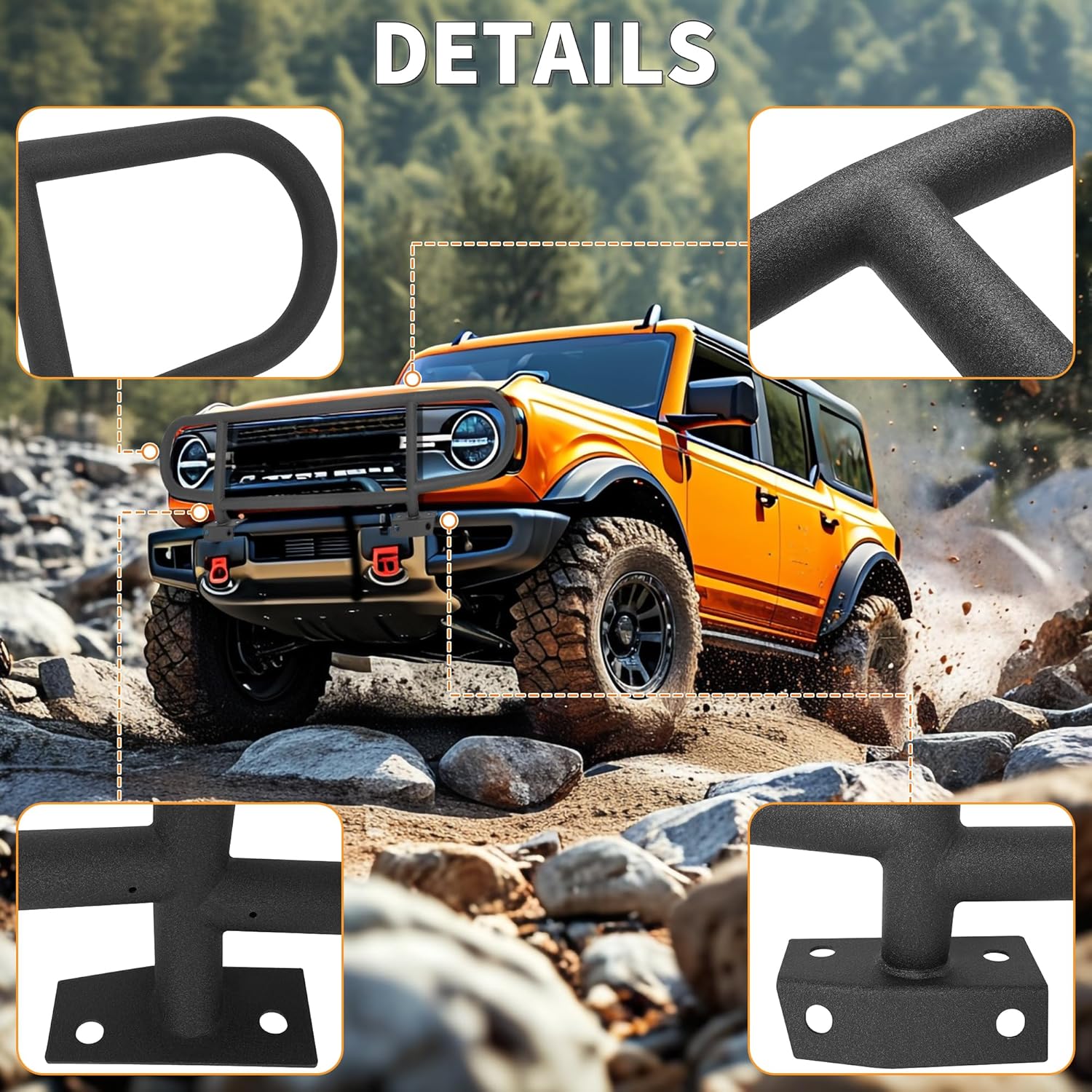 KUAFU Bull Bar Brush Guard Compatible with 2021 2022 2023 2024 Ford Bronco Front Bumper Bull Bar Black Steel Powder Coated Grille Impact Frame