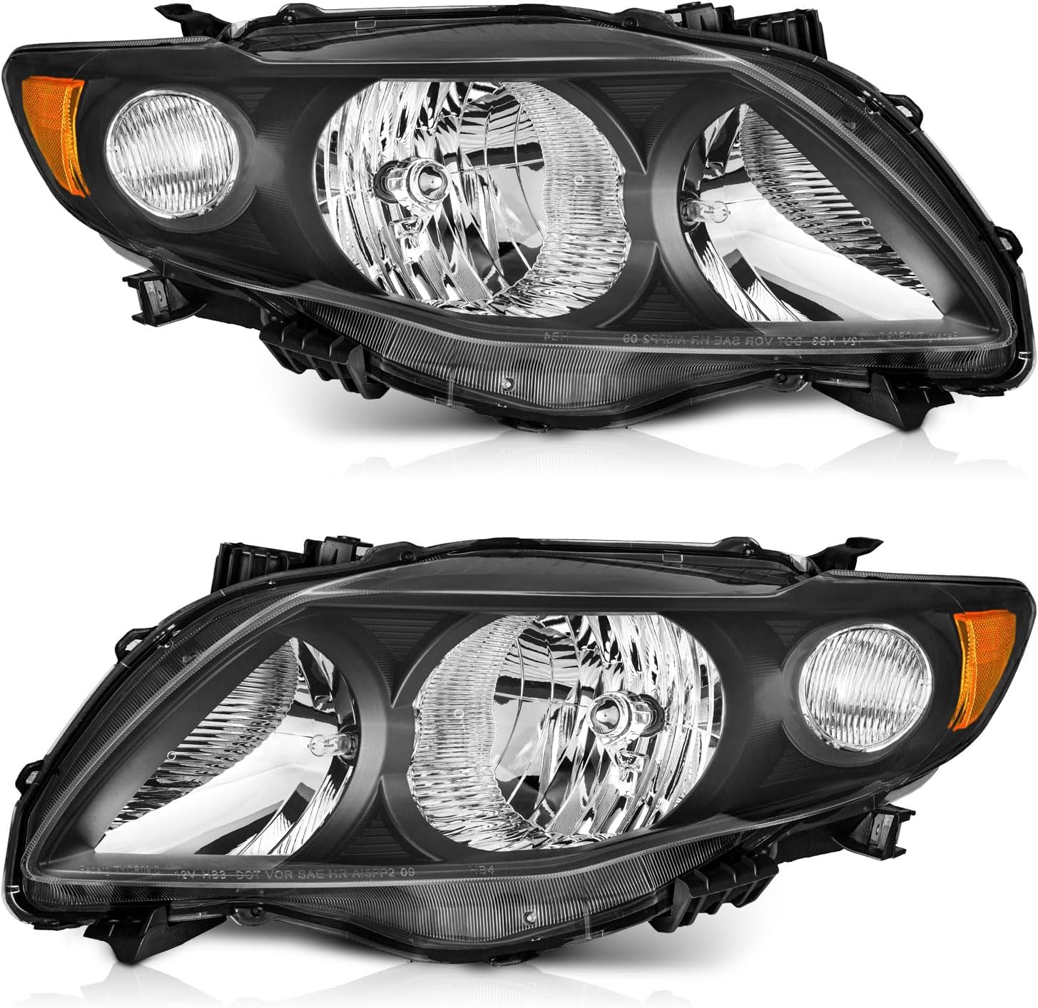 2009-2010 Toyota Corolla Headlights - Black/Chrome Housing, Clear Lens, Amber Reflector for Replacement