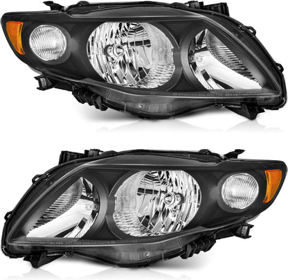 2009-2010 Toyota Corolla Headlights - Black/Chrome Housing, Clear Lens, Amber Reflector for Replacement - OMOTOR