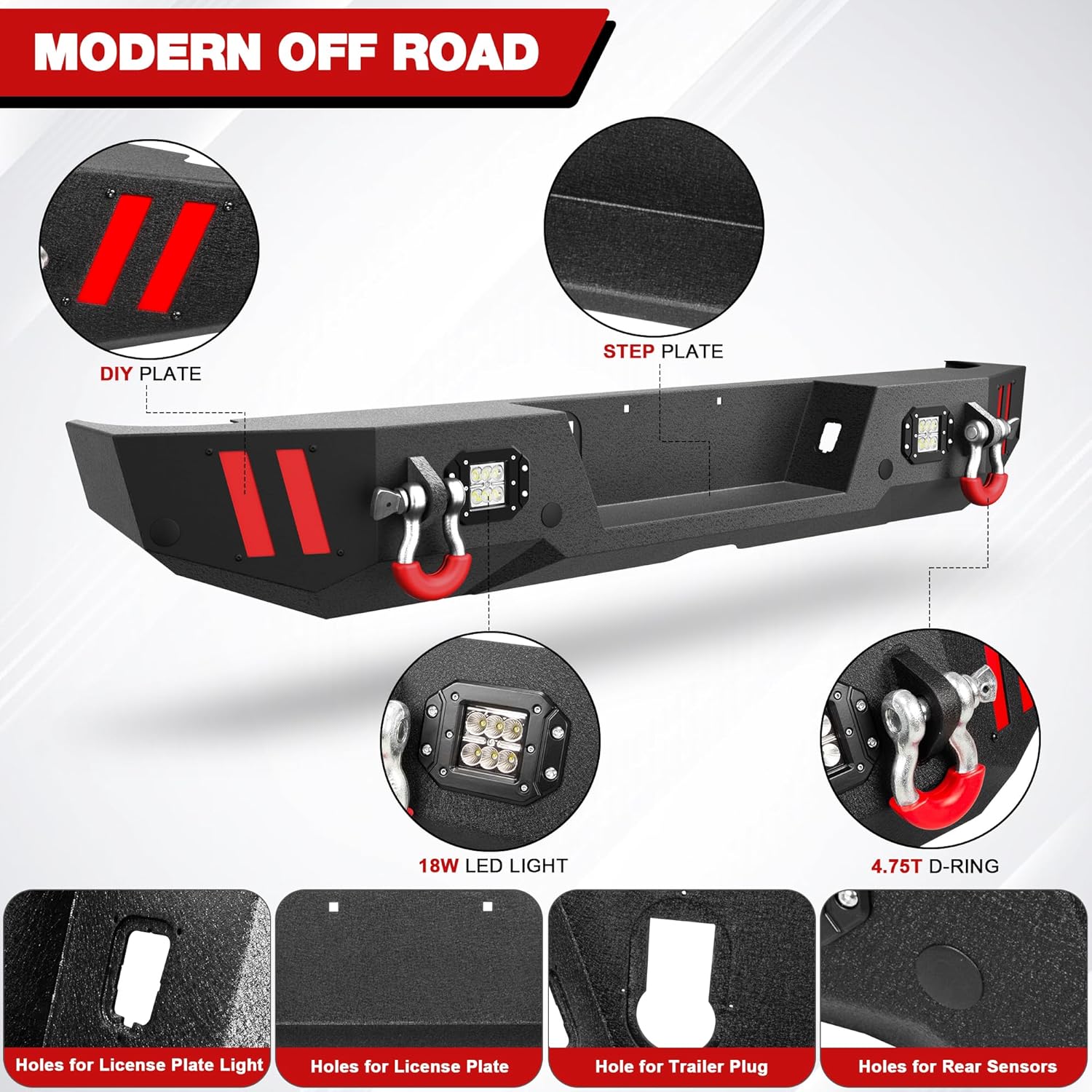 Rear Bumper Compatible with Jeep Gladiator JT 2020 2021 2022 2023 2024 2025, Textured Black Pickup Truck Bumper for 2020-2025 Gladiator JT, with Step Plate, Lights, Sensor Holes and D-rings