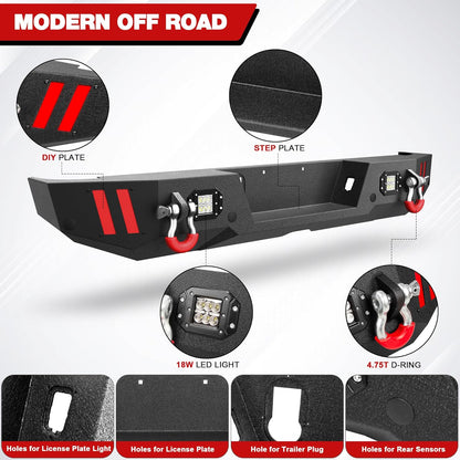 Rear Bumper Compatible with Jeep Gladiator JT 2020 2021 2022 2023 2024 2025, Textured Black Pickup Truck Bumper for 2020-2025 Gladiator JT, with Step Plate, Lights, Sensor Holes and D-rings