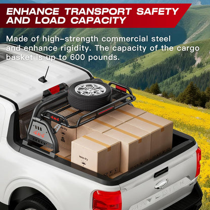 Adjustable Roll Bar for Truck with Cargo Basket Compatible with Full-Size Pickup Trucks Ford F-150, Chevy Silverado 1500, Ram 1500, GMC Sierra 1500, Tundra, Titan