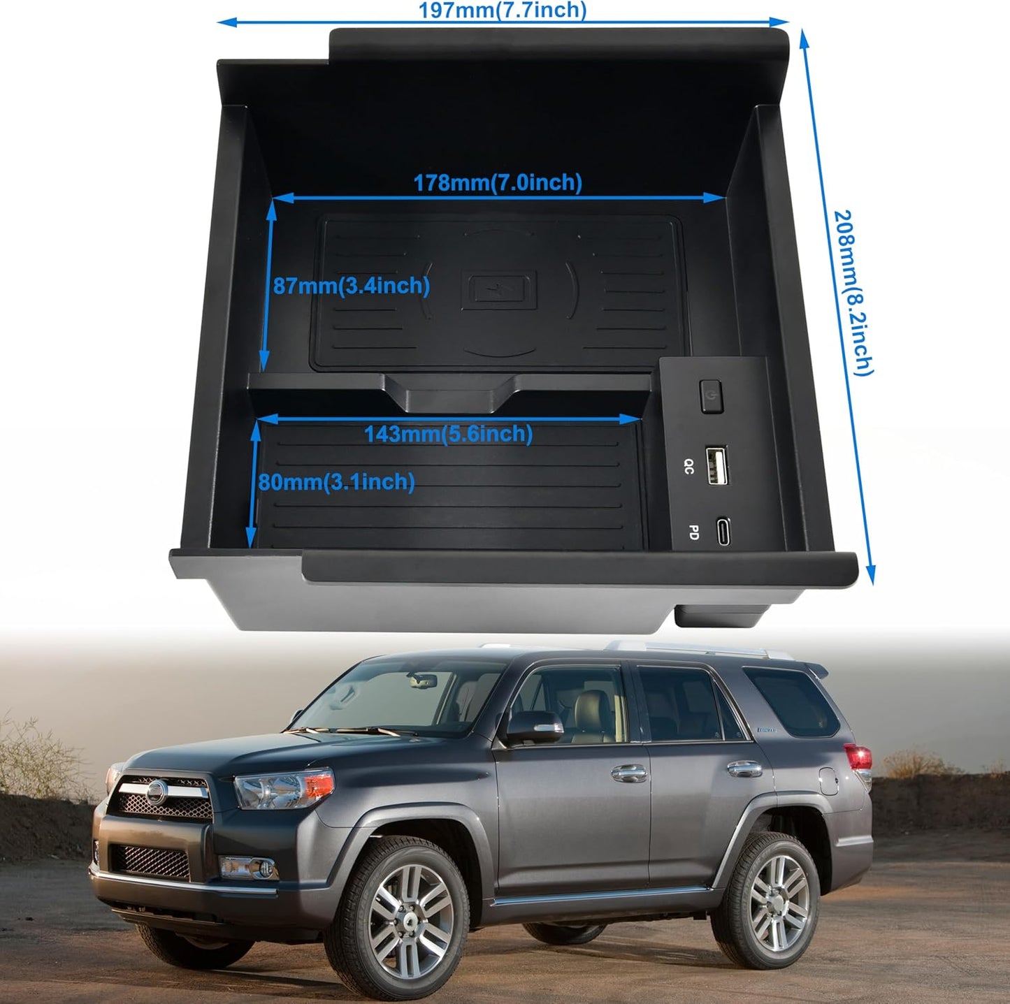 Wireless Charger for Toyota 4runner 2010-2024, Center Console Organizer Tray USB-A USB-C Fast Wireless Charging Pad Armrest Storage Box for Toyota 4runner 5th Gen SR5 TRD Accessories