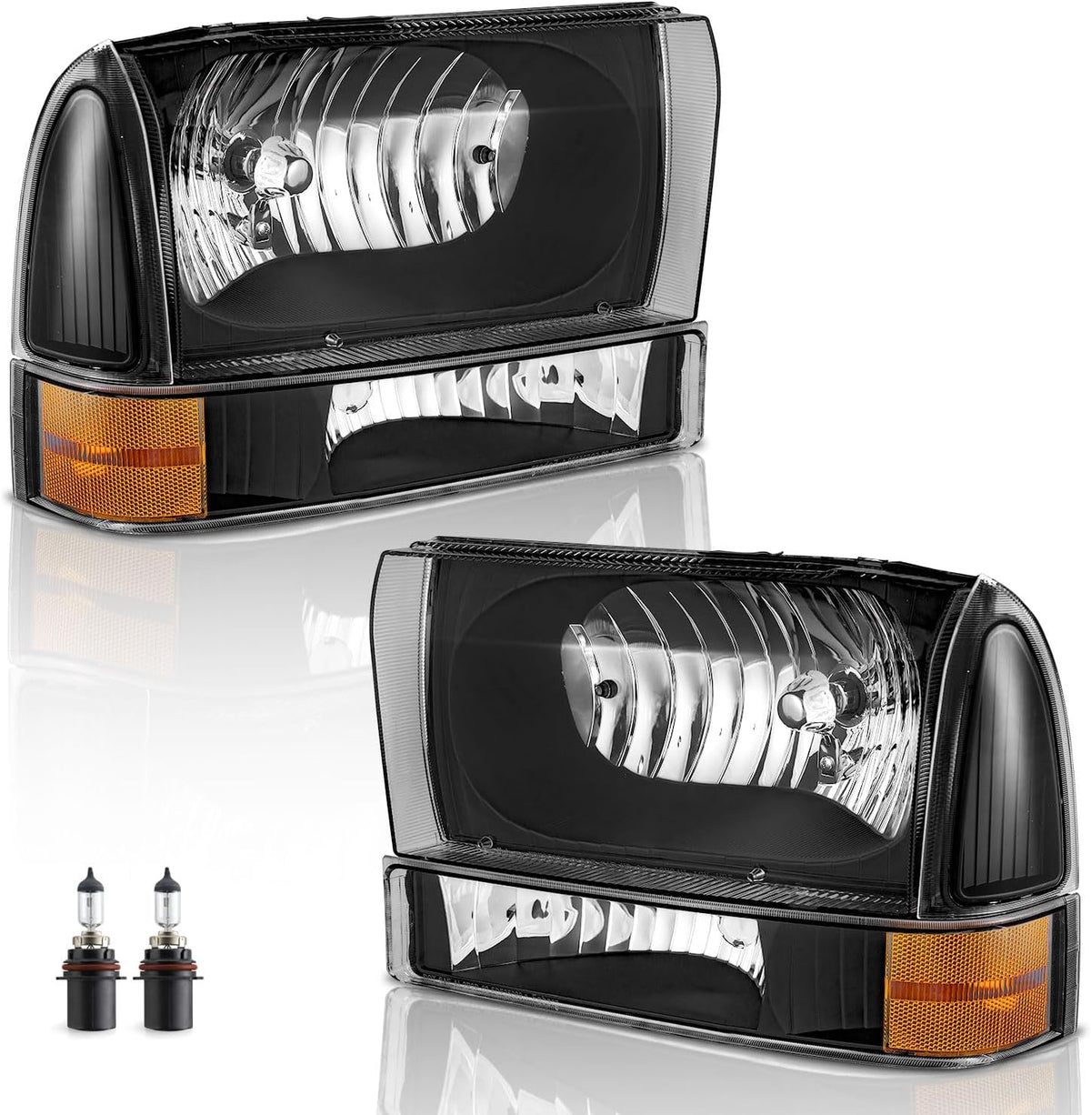 Headlights Assembly W/Bulbs for 99-04 Ford Super Duty F250 F350 F450 F550, for 00-04 Ford Excursion Headlight with Bumper Signal Corner Light - OMOTOR