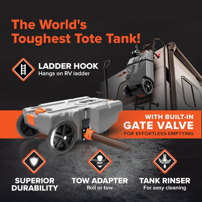 28/36 Gallon Portable RV Tote Tank - Features 2 Steerable No-Flat Front Wheels & Built-in Gate Valve - Includes Removable 24" Tow Bar, 3’ Sewer Hose