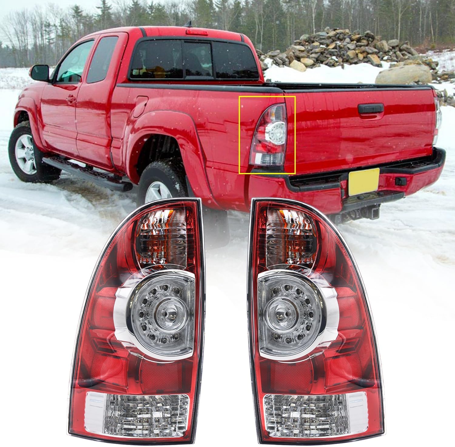 Left/Right Driver & Passenger Side Tail Light Assembly For 2005-2015 Toyota Tacoma Pickup, LED Lens with Black Bezel, Red Smoked, Includes Bulb & Harness