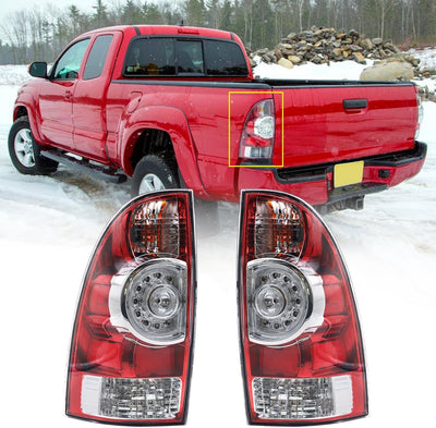Left/Right Driver & Passenger Side Tail Light Assembly For 2005-2015 Toyota Tacoma Pickup, LED Lens with Black Bezel, Red Smoked, Includes Bulb & Harness