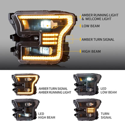 VLAND LED Headlights Compatible For [2015-2017 Ford F150 XL, XLT, Lariat, King Ranch, Platinum, Limited] With Dynamic Amber DRL & Turn Signal Lights, (Factory Halogen ONLY)