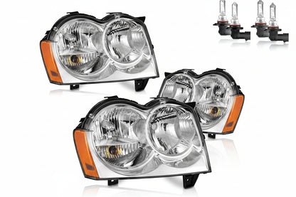 Headlights for 2005-2007 Jeep Grand Cherokee - Black/Chrome Housing, Amber Reflector, Wiring Harness Included - OMOTOR