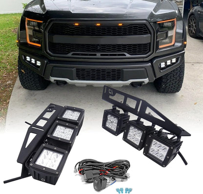 24W LED Fog Work Light Pods & Front Bumper Mount Bracket Kit w/Rocking Switch Wiring Kit Compatible with Ford SVT Raptor 2017-2020 2nd Generation