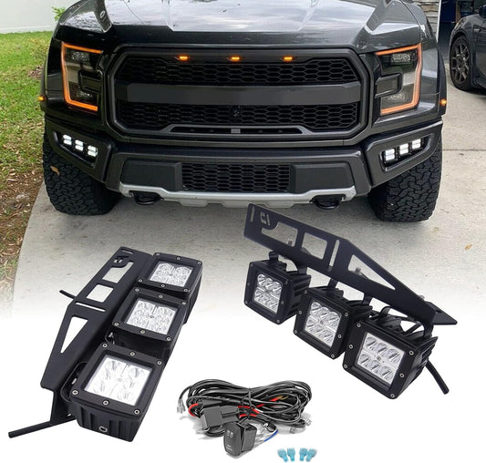 24W LED Fog Work Light Pods & Front Bumper Mount Bracket Kit w/Rocking Switch Wiring Kit Compatible with Ford SVT Raptor 2017-2020 2nd Generation