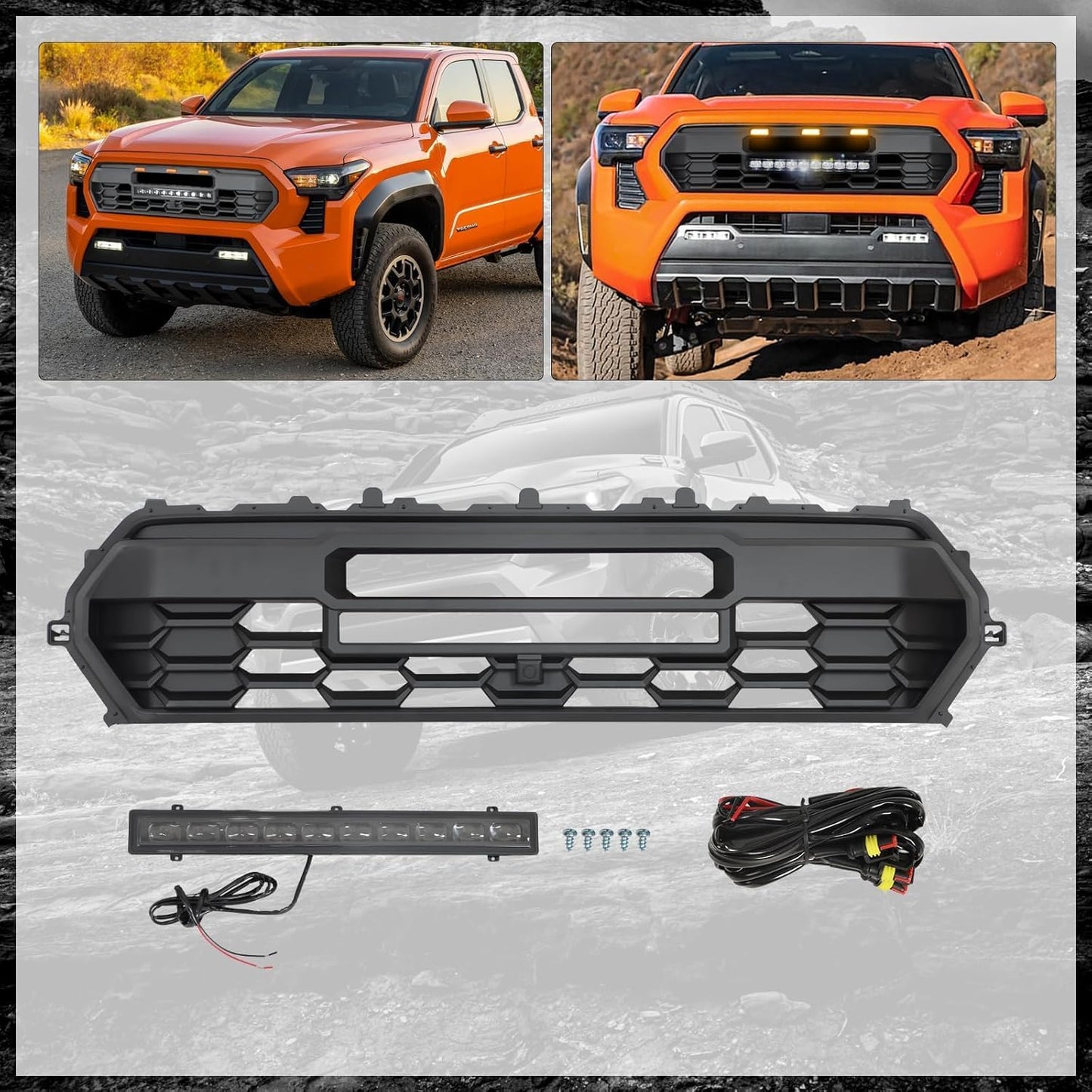 2024 Tacoma Replacement Grille, Front Hollow Grill Replacement Compatible for TACOMA 2024 Black Matte Bumper ABS Grille with LED Lights Bar+ Amber Lights