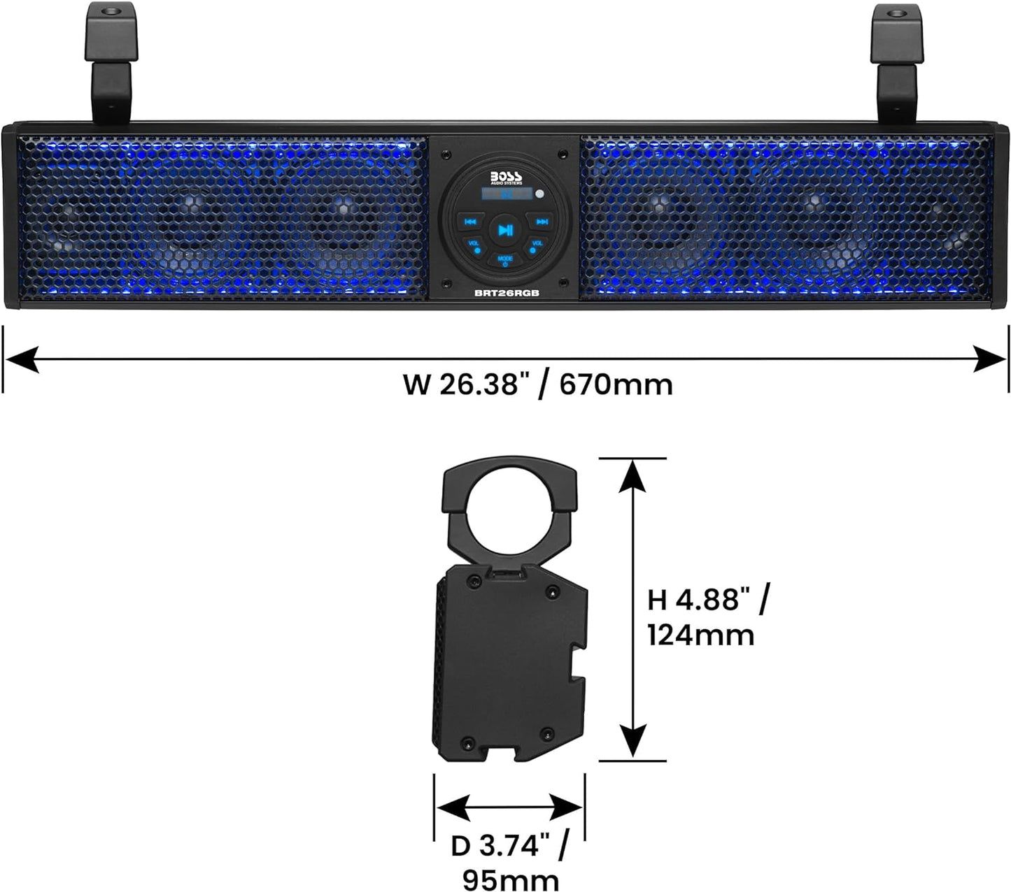 ATV UTV Sound Bar - 26 Inches Wide, 4 inch Speakers, 1 Inch Tweeters, IPX5 Weatherproof, Bluetooth, Built-in Amplifier, Multicolor Illumination, Golf Cart Compatible