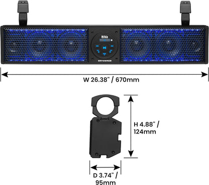 ATV UTV Sound Bar - 26 Inches Wide, 4 inch Speakers, 1 Inch Tweeters, IPX5 Weatherproof, Bluetooth, Built-in Amplifier, Multicolor Illumination, Golf Cart Compatible - OMOTOR