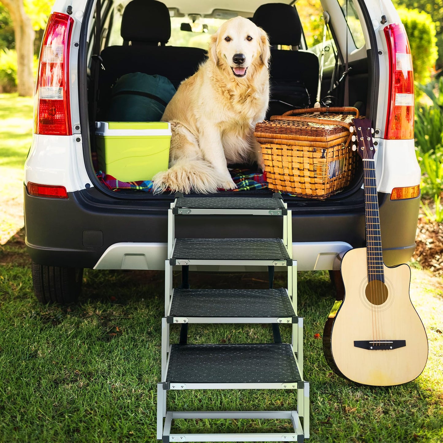 Foldable Dog Car Ramp for Large Dogs, Portable Dog Steps for SUV, Aluminum Dog Stairs with Non-Slip Surface for High Beds, Trucks and SUVs, 5 Steps