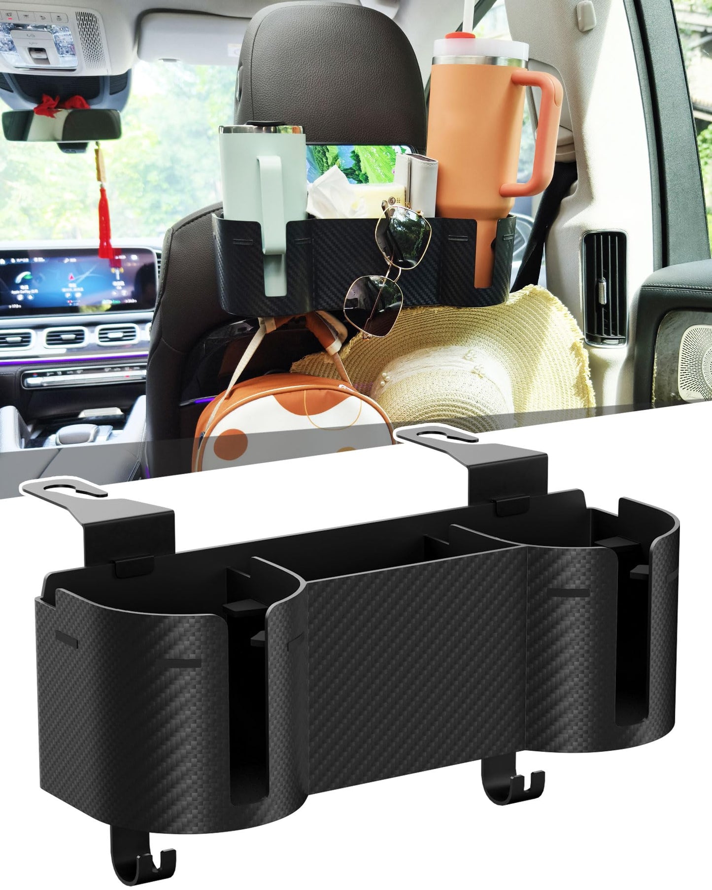 Car Headrest Backseat Cup Holder with Hooks, Multifunctional Organizer