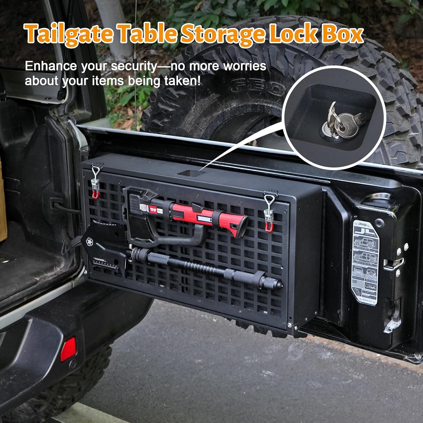 MAIKER Tailgate Table Storage Lock Box Compatible with Jeep Wrangler JK JKU JL JLU 4 Door, Multi-Functional Rear Foldable Table Cargo Shelf Storage Molle Panel Camping Desk
