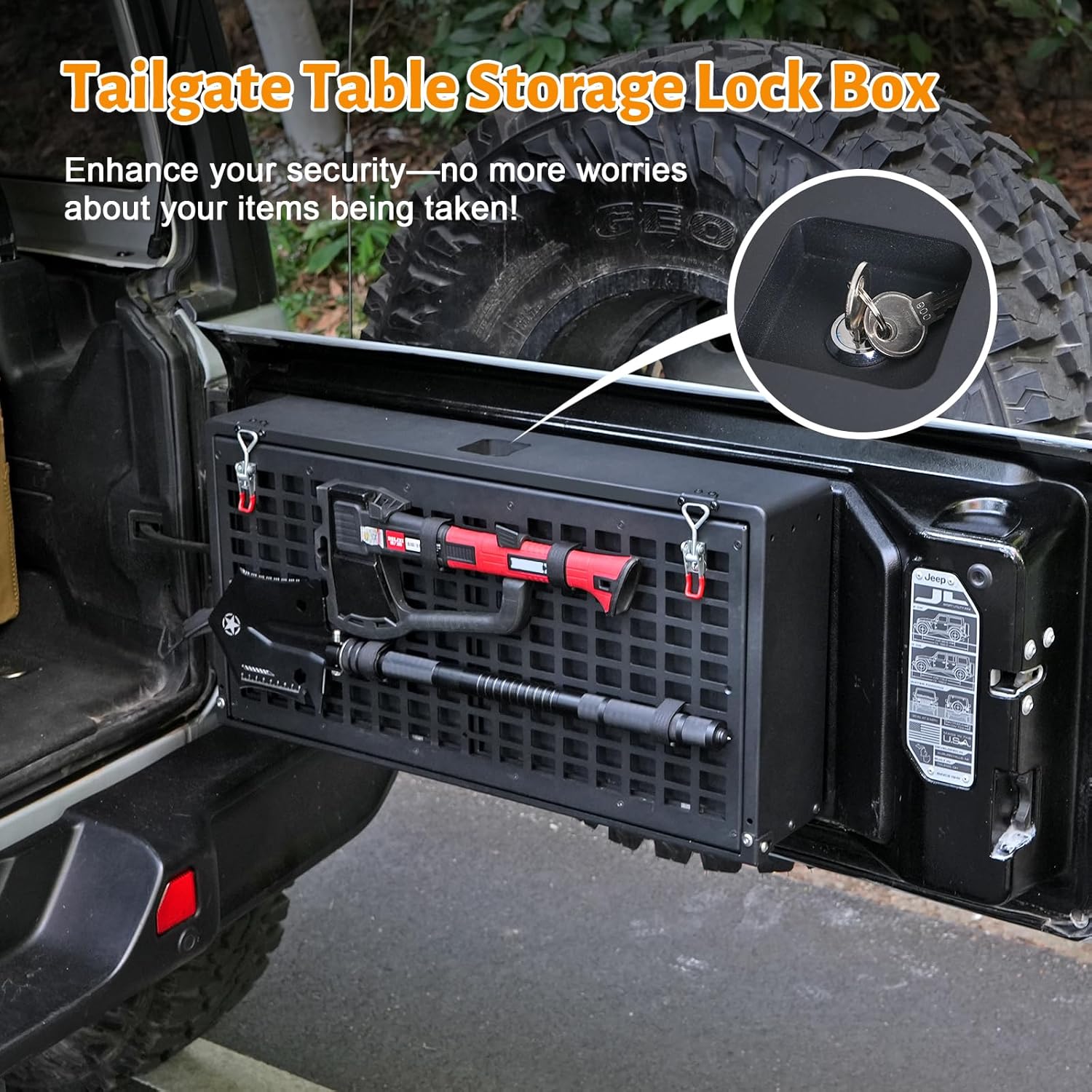 MAIKER Tailgate Table Storage Lock Box Compatible with Jeep Wrangler JK JKU JL JLU 4 Door, Multi-Functional Rear Foldable Table Cargo Shelf Storage Molle Panel Camping Desk