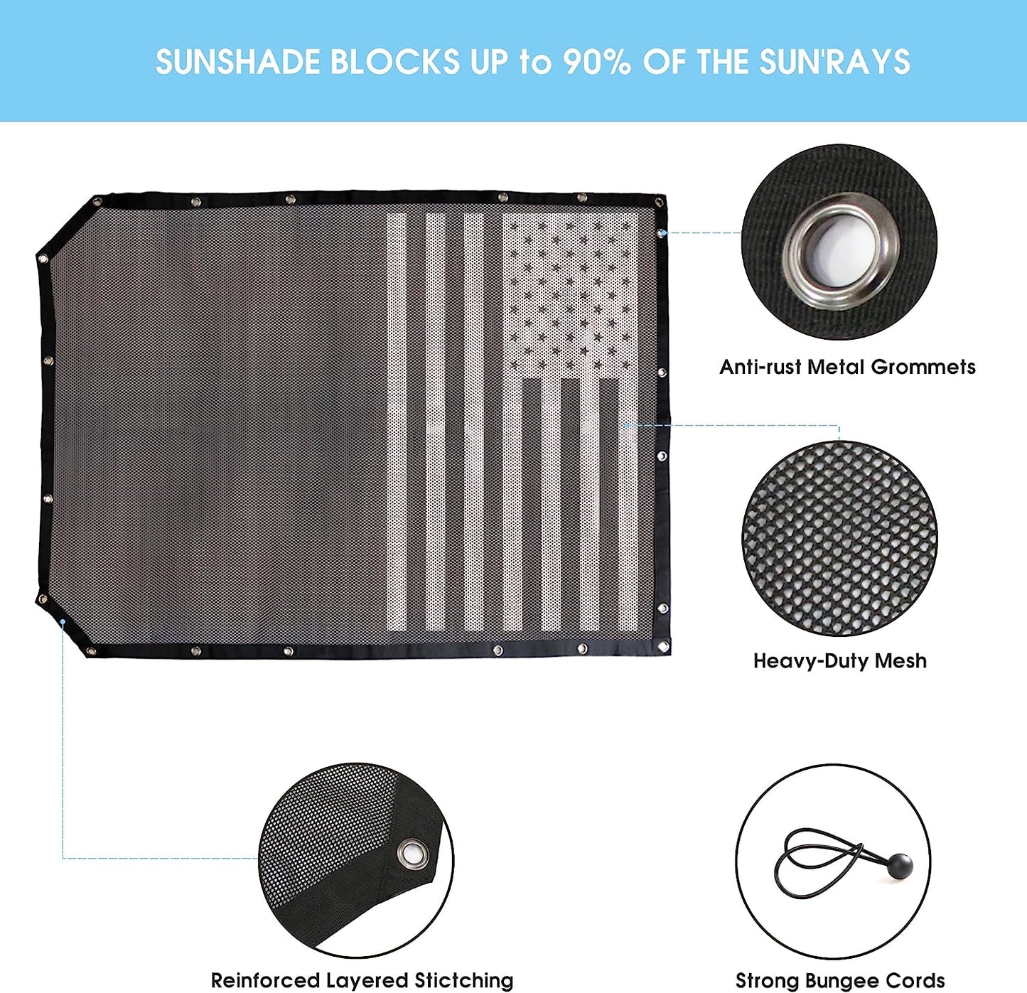 2 Door Sunshade for Ford Bronco,Mesh Sun Shade Bikini Top Cover Bimini Top for Ford Bronco Accessories 2021 2022 2023 2 Door - Blocks UV, Wind, Noise(Flag)