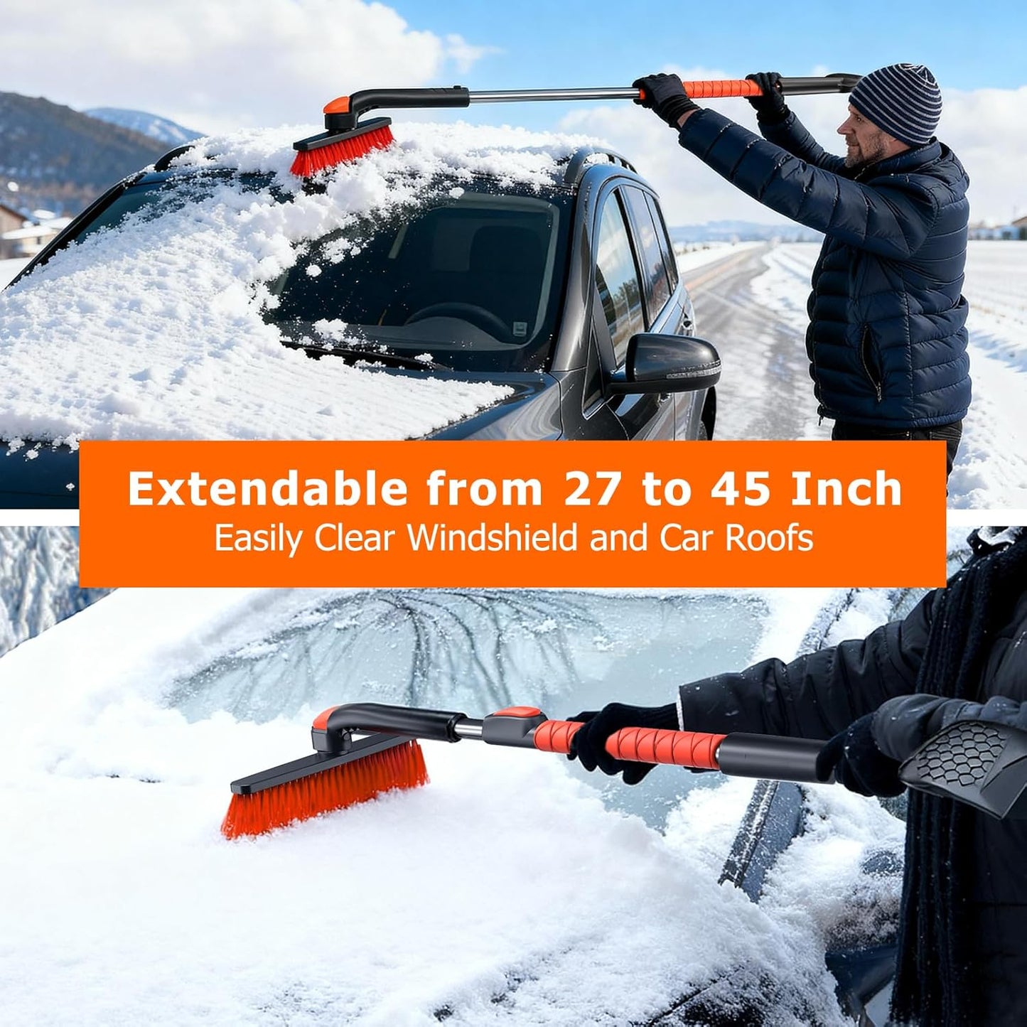 [2025 Upgrade Extendable Car Snow Brush and Ice Scraper [3-in-1] Clean Snow, Ice and Frost, 45''Adjustable Length with 360° Rotating Brush Head, Suitable for All Cars-Medium