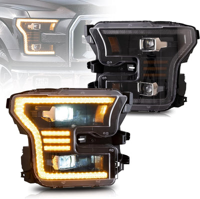 LED Headlights Compatible For [2015-2017 Ford F150 XL, XLT, Lariat, King Ranch, Platinum, Limited] With Dynamic Amber DRL & Turn Signal Lights