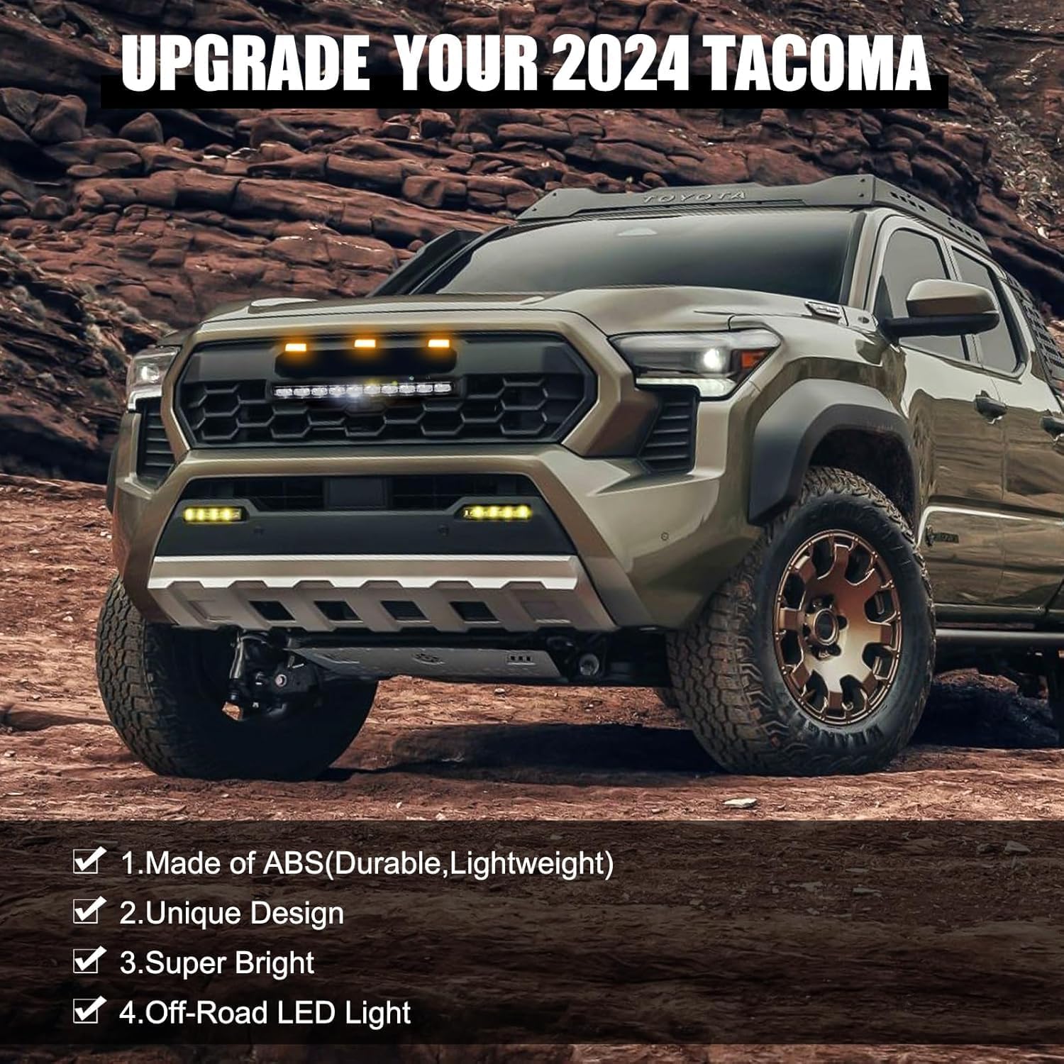 2024 Tacoma Replacement Grille, Front Hollow Grill Replacement Compatible for TACOMA 2024 Black Matte Bumper ABS Grille with LED Lights Bar+ Amber Lights
