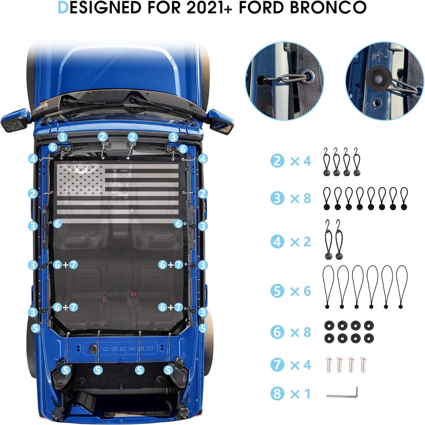 Sunshade for Ford Bronco,Mesh Sun Shade Bikini Top Cover Bimini Top for Ford Bronco Accessories 2021 2022 2023 4 Door - Blocks UV, Wind, Noise, (Flag)