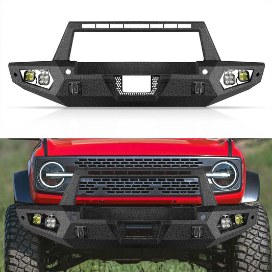 Off Road Front Bumper Fit for Ford Bronco 2021 2022 2023 2024 2025, Heavy Duty Steel Bumper Fit for Bronco 2/4 door W/Winch Plate, 4 x Lights, Sensor Holes, Shackle Mounts