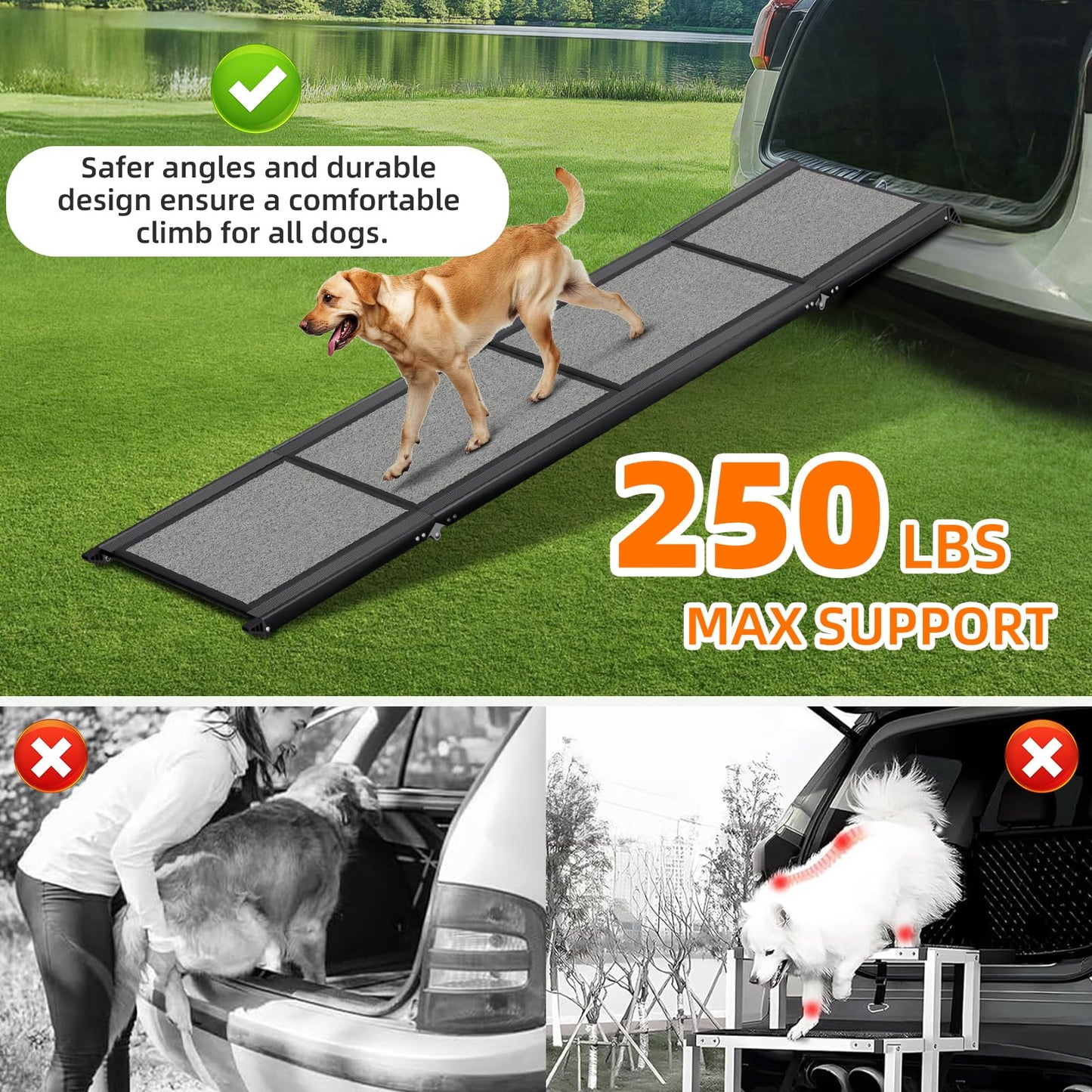 Dog Ramp for Car 𝟕𝟏”𝐱𝟐𝟎” Large Folding Pet Stair Ramps for Truck, SUV, with Non-Slip Surface, Up to 250LBS
