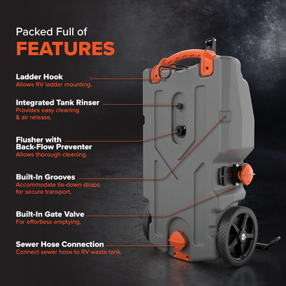 28/36 Gallon Portable RV Tote Tank - Features 2 Steerable No-Flat Front Wheels & Built-in Gate Valve - Includes Removable 24" Tow Bar, 3’ Sewer Hose