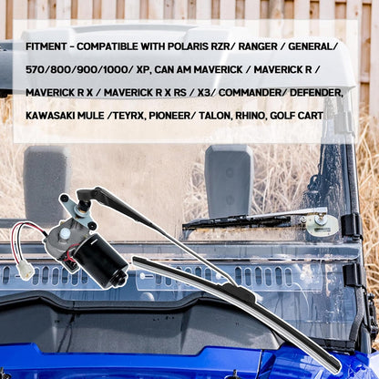 Xislet UTV Electric Windshield Wiper Kit Compatible with Polaris Ranger RZR Can Am Kawasaki Honda Pioneer Golf Cart Tractor with 12V Motor/2pcs 16inch Blades/Instructions