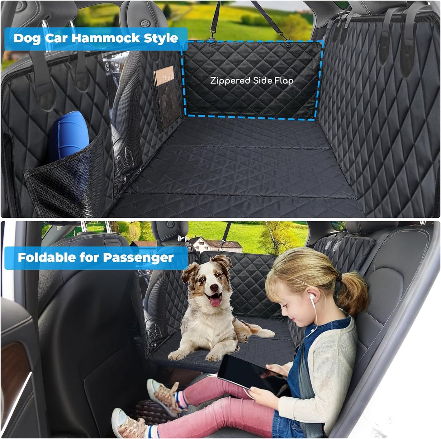 Back Seat Extender for Dogs, Dog Car Seat Cover with Hard Bottom Dog Car Seat Bed Waterproof Dog Hammock for Car Pet Backseat Protector with Mesh Window and Storage Pocket for Car, SUV