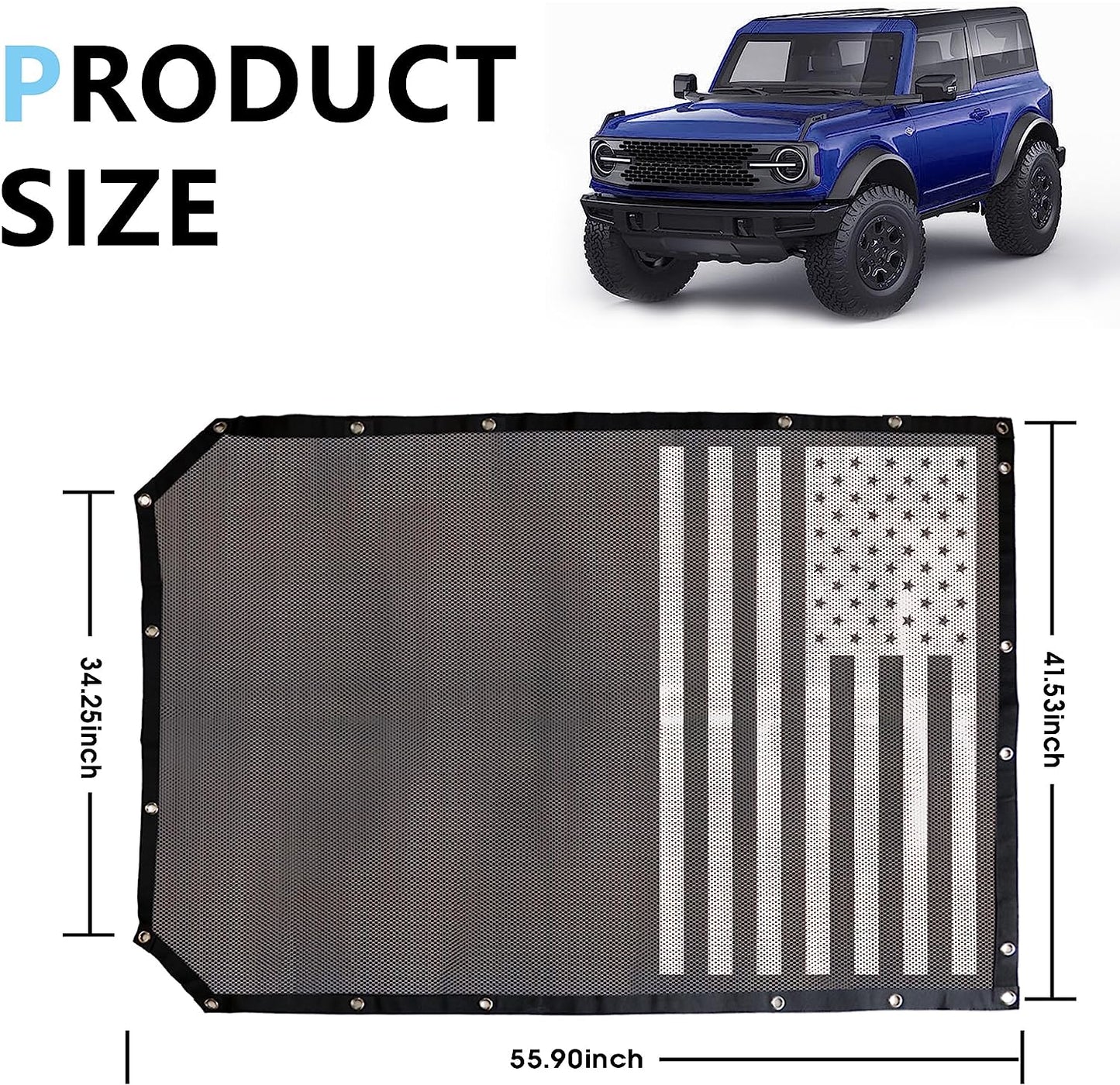 2 Door Sunshade for Ford Bronco,Mesh Sun Shade Bikini Top Cover Bimini Top for Ford Bronco Accessories 2021 2022 2023 2 Door - Blocks UV, Wind, Noise(Flag)