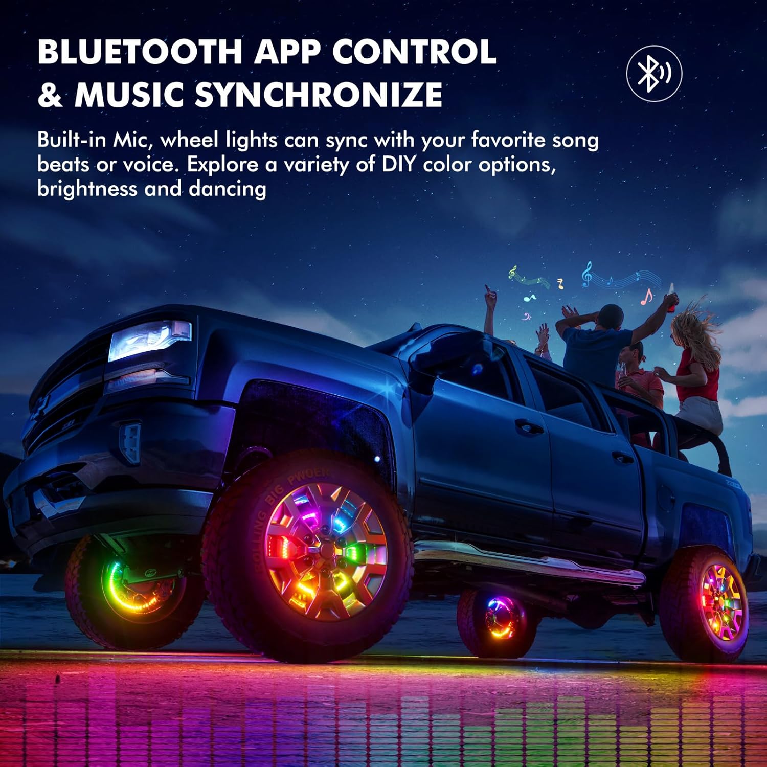 17" Double Row Wheel Lights, Brighter RGB Dream Chasing LED Rim Lights with App & Remote Control, Music Wheel Ring Light with Turn & Braking Signal Compatible with Various Trucks SUV Car（4PCS）