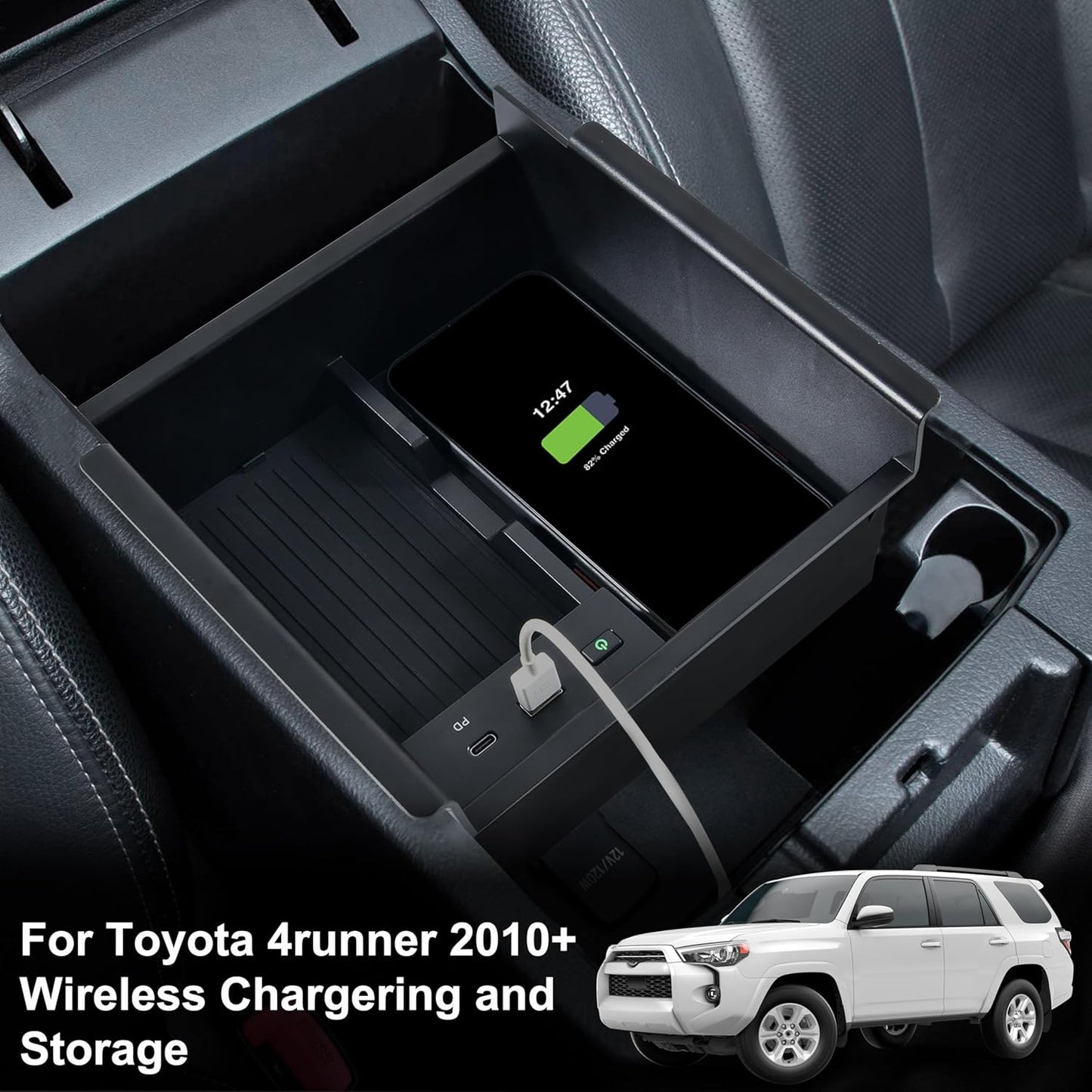 Wireless Charger for Toyota 4runner 2010-2024, Center Console Organizer Tray USB-A USB-C Fast Wireless Charging Pad Armrest Storage Box for Toyota 4runner 5th Gen SR5 TRD Accessories