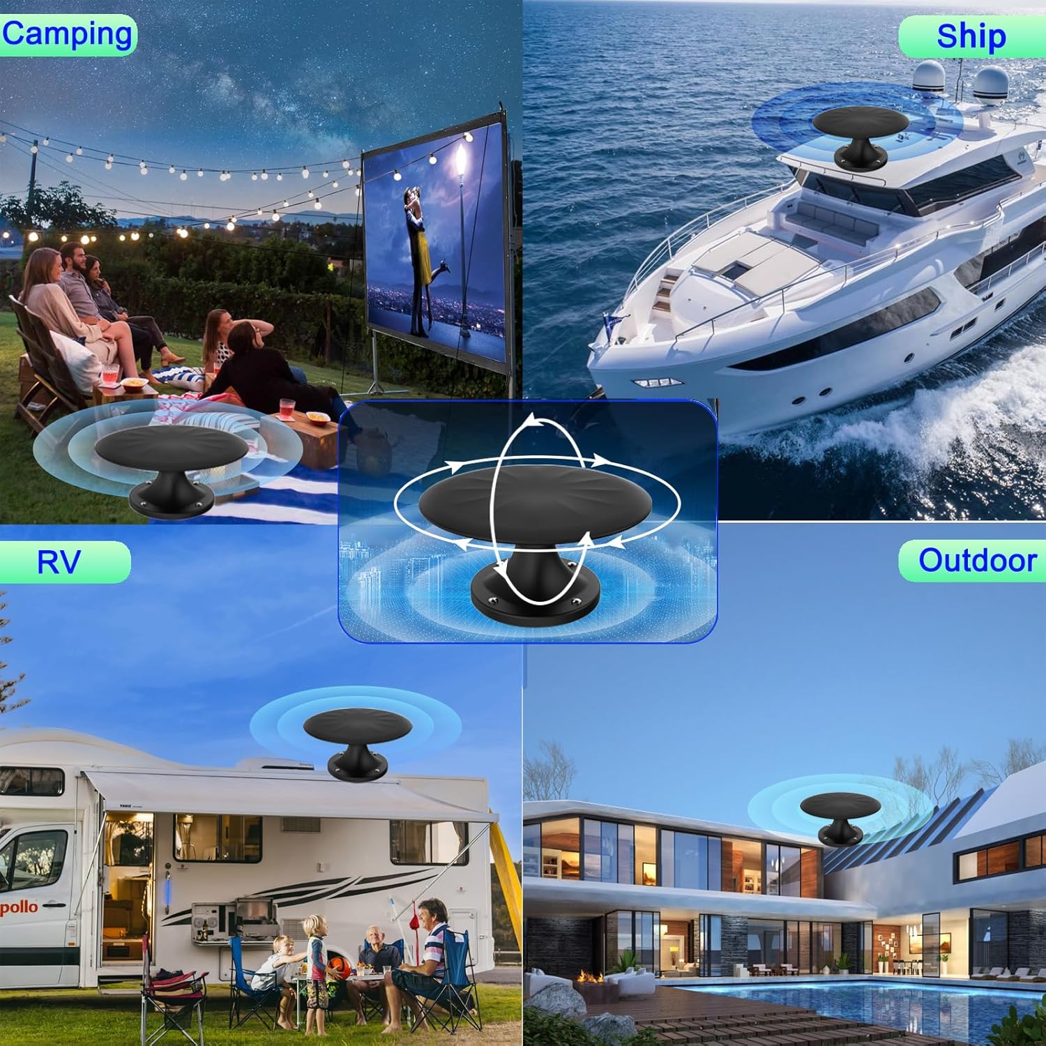 RV Antenna for Camper, RV TV Antennas Roof Mounted, 720° Long Range Omni Directional Reception Digital HD Antenna Signal, with Super Signal Booster, 35ft HDTV Cable. (Black)