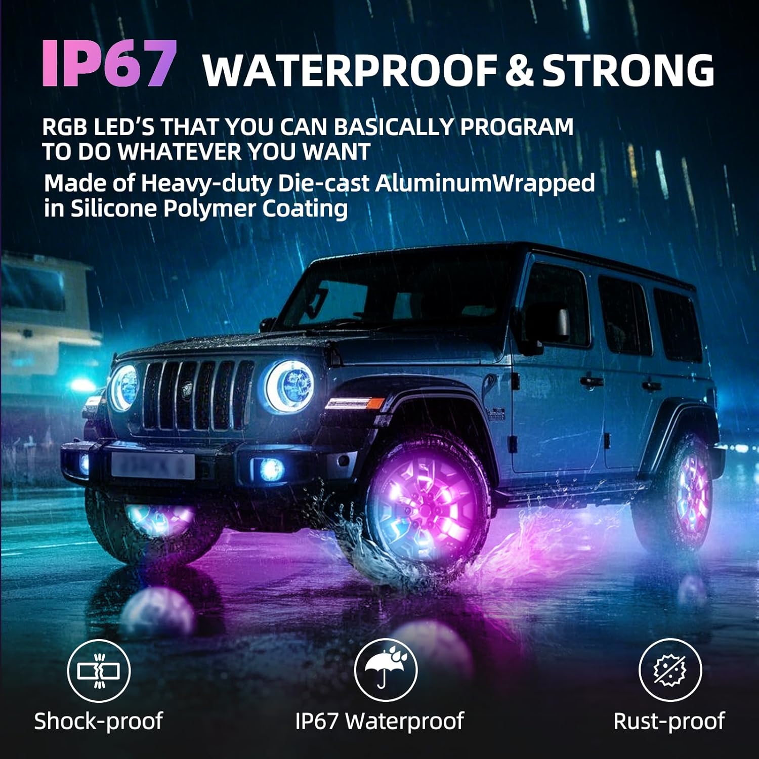 Tavaray 4PCS 14" Double Sided RGB LED Wheel Ring Lights with APP & Remote Control, 178+DIY Dynamic Modes w/Turn Signal Braking and Reverse Function Wheel Lights for Trucks Pickups Cars Offroad