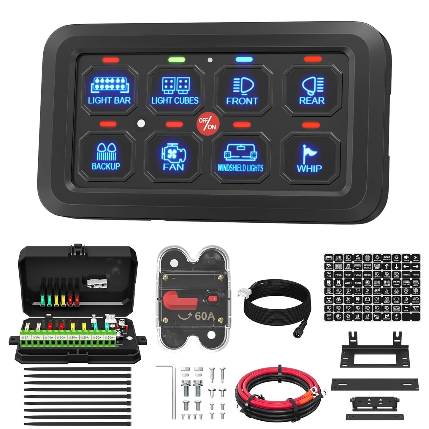 8 Gang Switch Panel RGB LED Lighted Multi-Function Switch Pod for Car ATV UTV Boat Marine