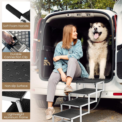 Foldable Dog Car Ramp for Large Dogs, Portable Dog Steps for SUV, Aluminum Dog Stairs with Non-Slip Surface for High Beds, Trucks and SUVs, 5 Steps - OMOTOR