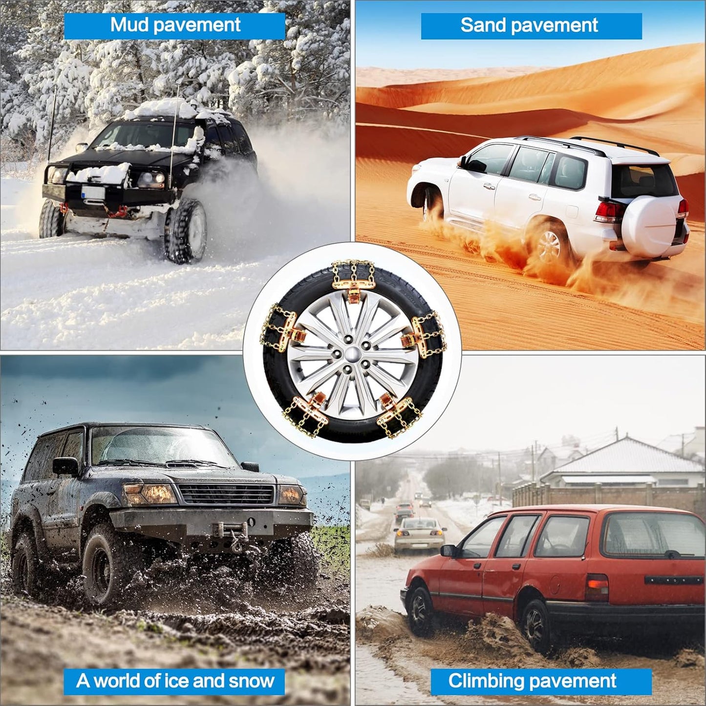 Thickened Snow Chains, 6 Pack Tire Chains for Truck SUV in Snow, Ice, Sand and Mud (Tire Width 195-225mm)