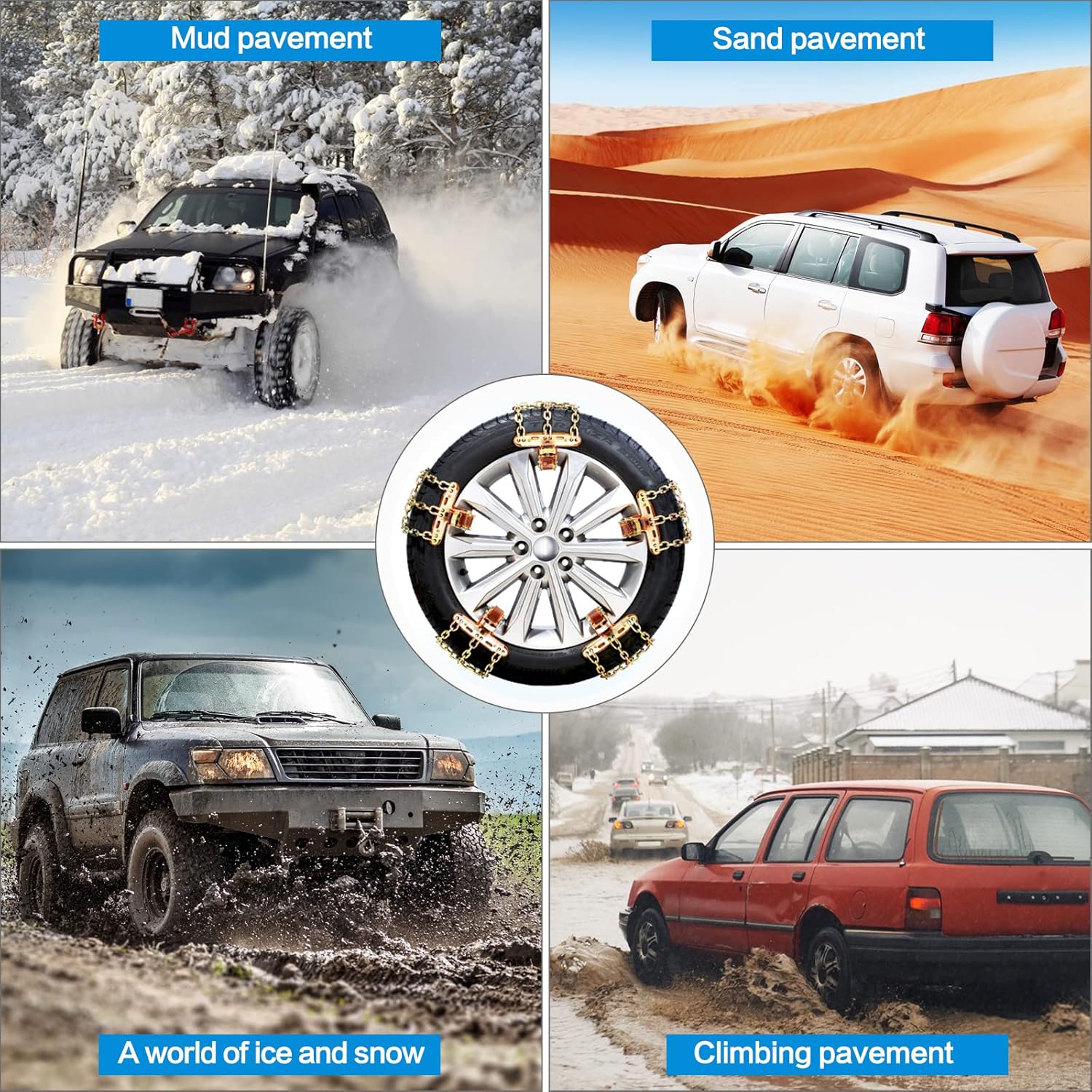 Thickened Snow Chains, 6 Pack Tire Chains for Truck SUV in Snow, Ice, Sand and Mud (Tire Width 195-225mm)