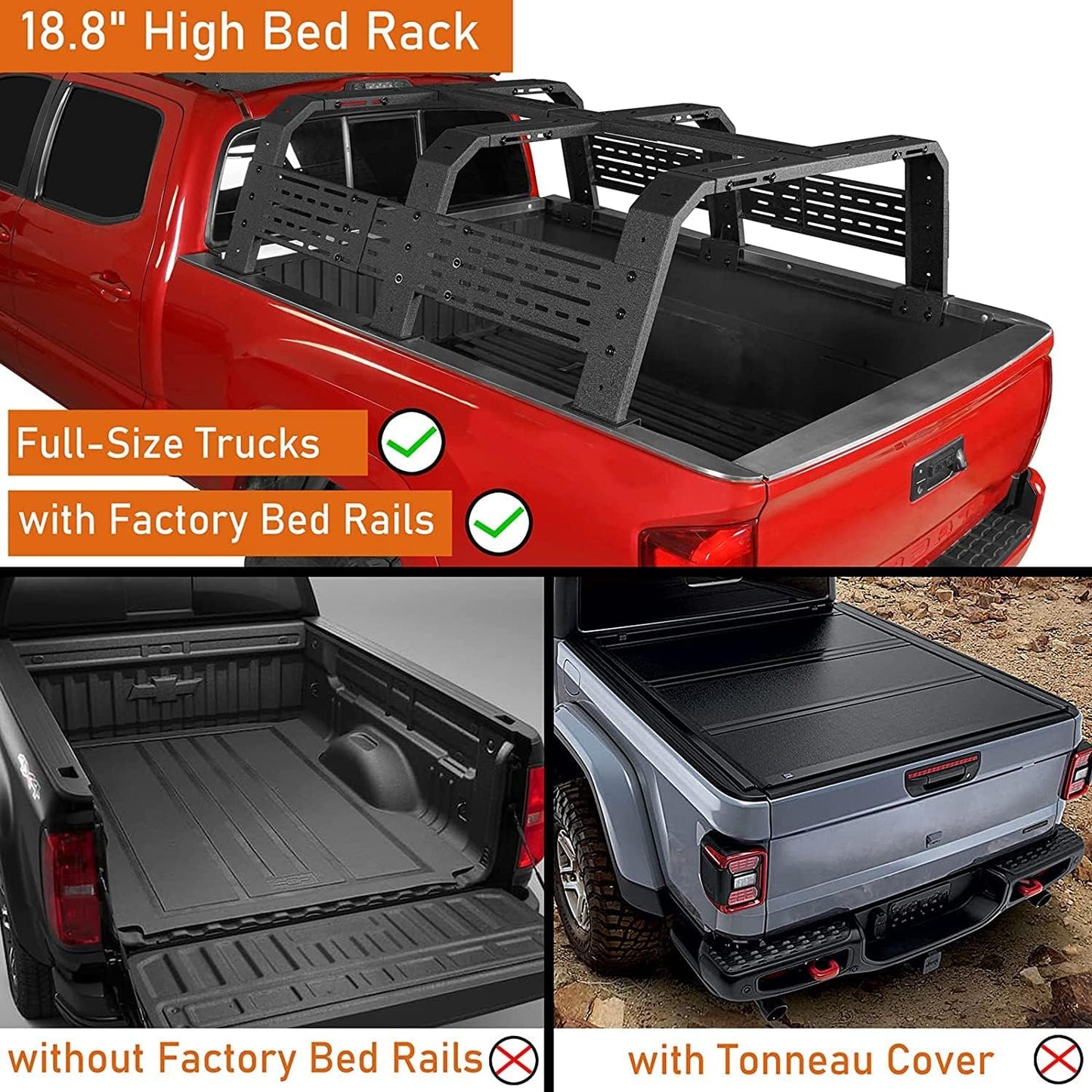 High Overland Bed Rack for Full-Size Trucks w/Bed Rails - Compatible with Toyota 07-23 Tundra & 05-23 Tacoma 6' Bed