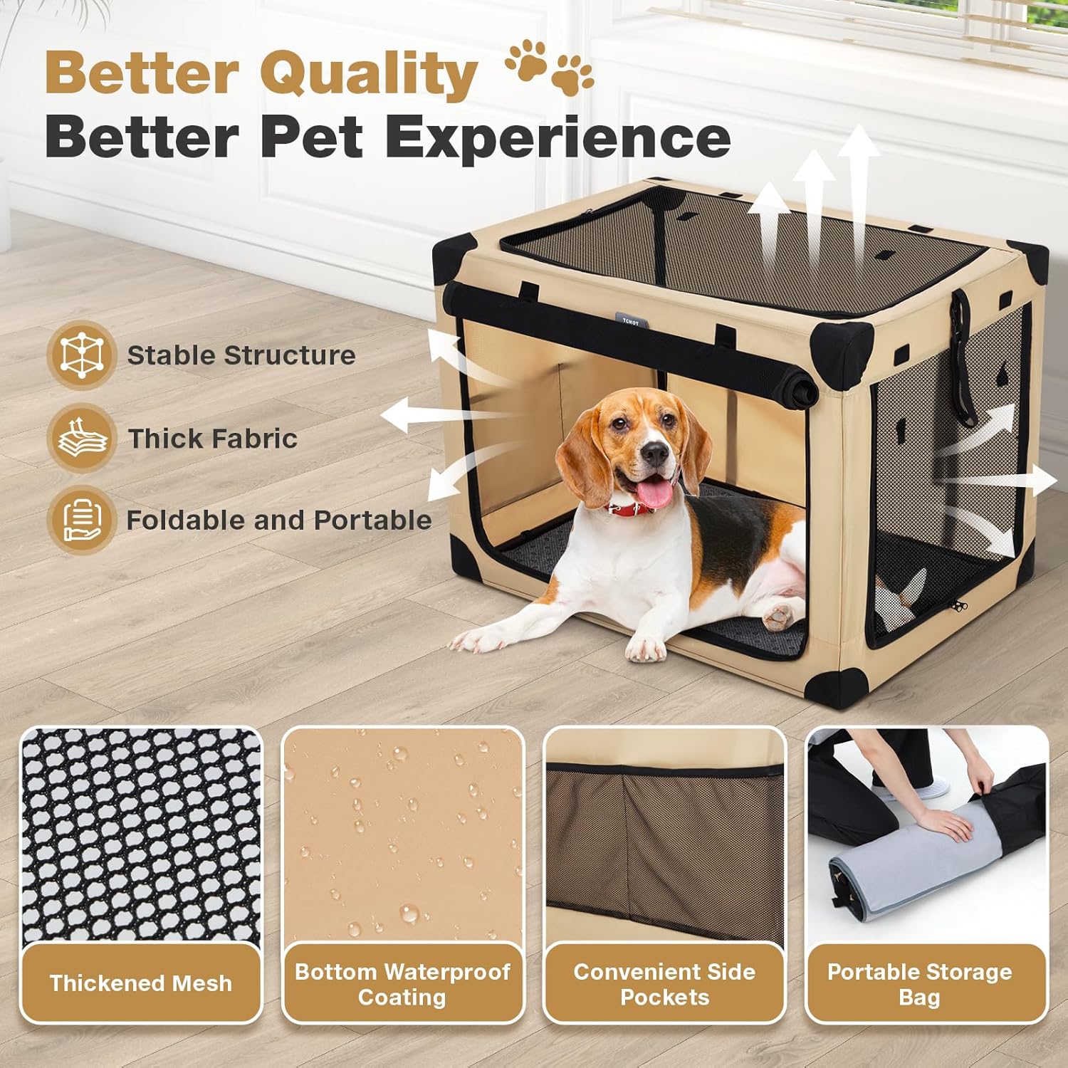 26 Inch Collapsible Travel Dog Crate for Medium Dogs, Portable 4-Door Foldable Soft Kennel with Mat and Durable Mesh Windows for Car & Outdoor, with Storage Bag