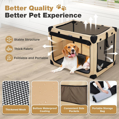 26 Inch Collapsible Travel Dog Crate for Medium Dogs, Portable 4-Door Foldable Soft Kennel with Mat and Durable Mesh Windows for Car & Outdoor, with Storage Bag