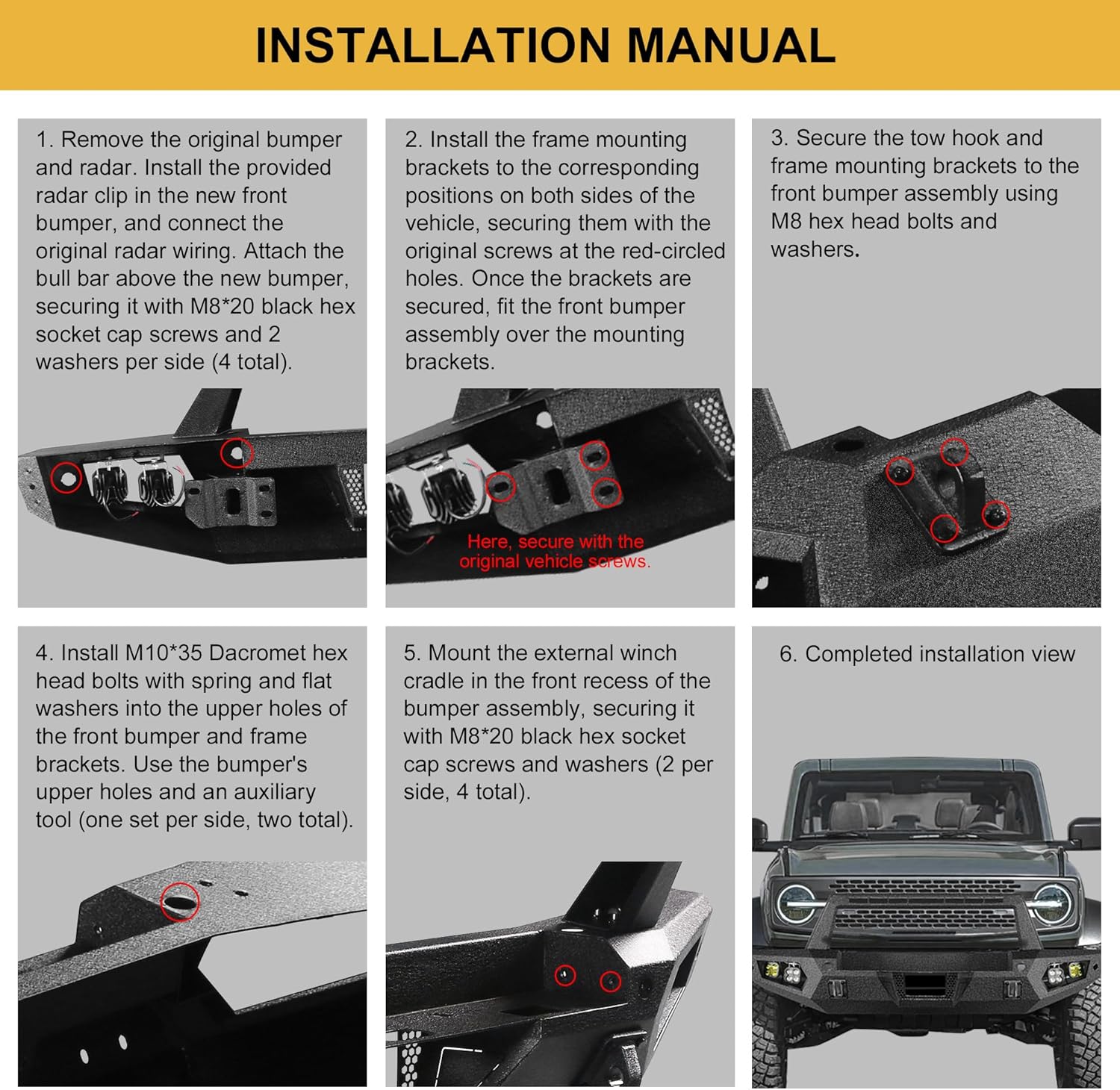 Off Road Front Bumper Fit for Ford Bronco 2021 2022 2023 2024 2025, Heavy Duty Steel Bumper Fit for Bronco 2/4 door W/Winch Plate, 4 x Lights, Sensor Holes, Shackle Mounts