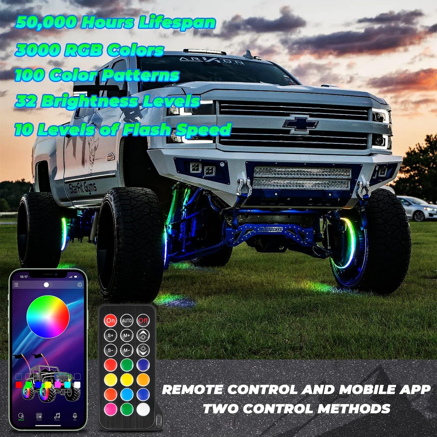 【EASY INSTALL】4PCS 15.5 INCH Chasing RGB LED Wheel Rim Light Kit