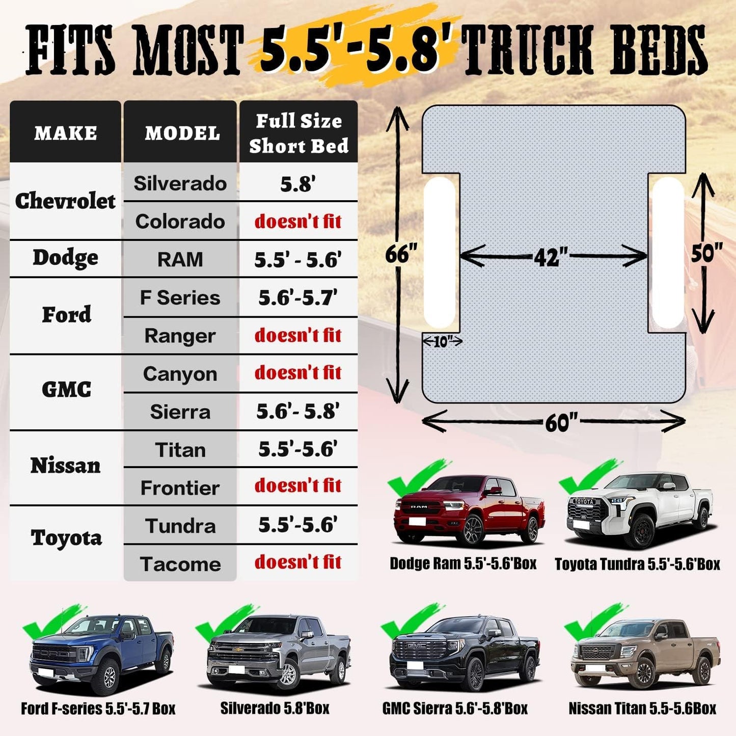 Inflatable Truck Bed Air Mattress for Full Size Short Truck Beds, 5.5-5.8ft, with Pump & Carry Bag. Perfect for Outdoor Adventures.