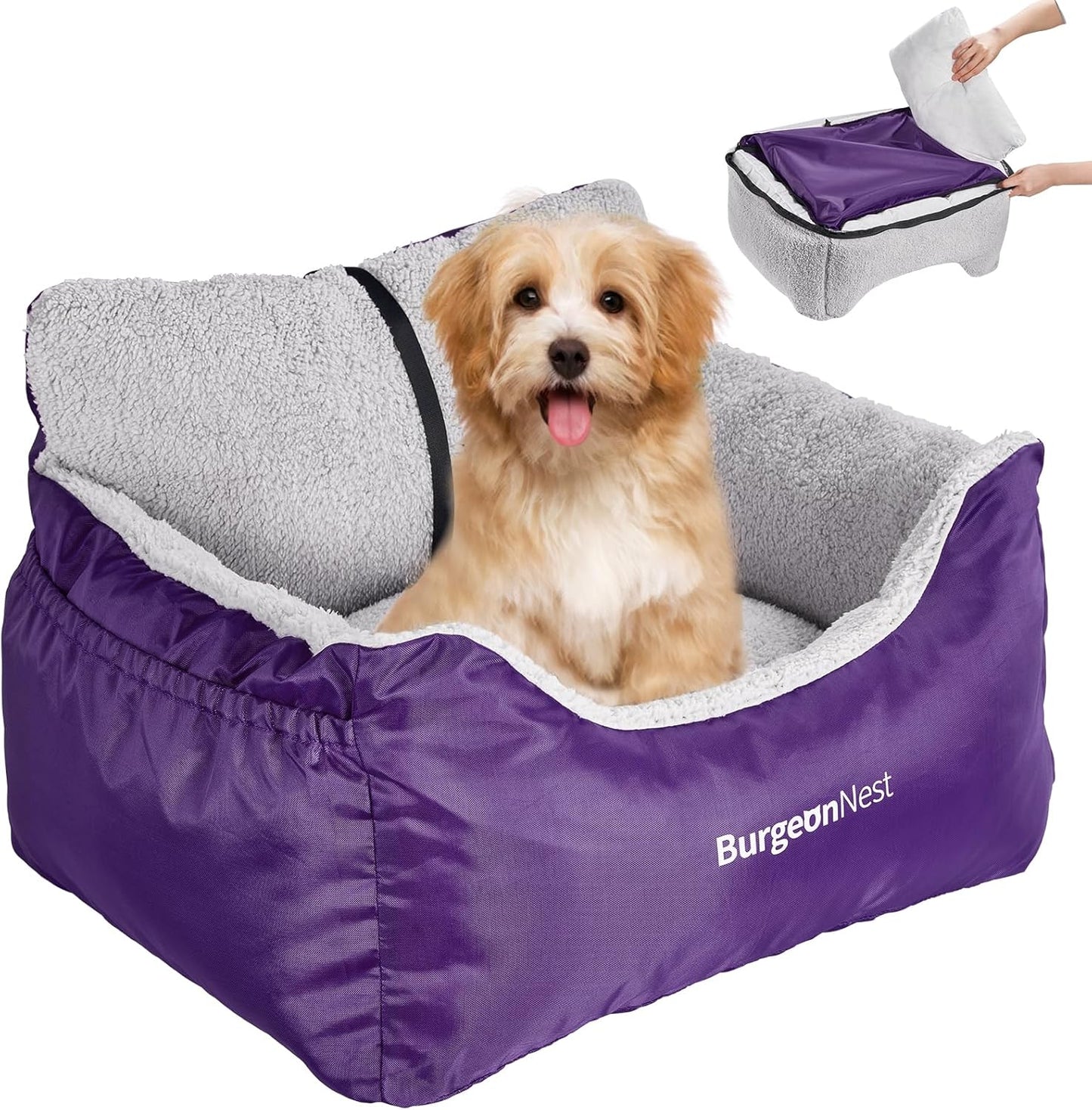 BurgeonNest Dog Car Seat for Small Dogs Under 25 lbs – Fully Detachable & Washable, Soft Booster Seat with Storage Pockets, Clip-On Leash, Portable Carrier Bed, Fits Most Car Seats and Types