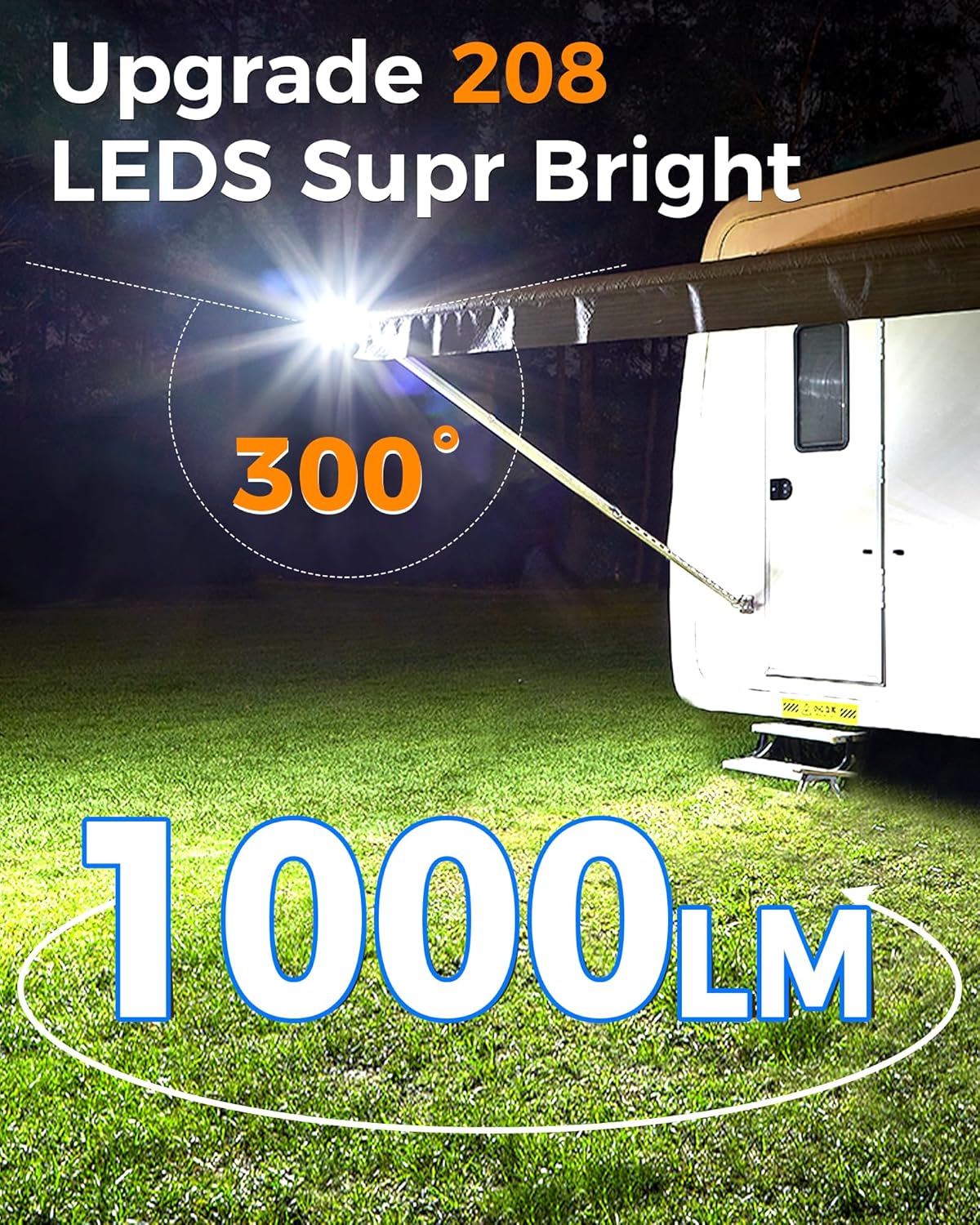 208LED High Bright Solar RV Lights Exterior, Clip on Solar RV Porch Light, 6000 mAh Camper Lights for Outside with Remote Control, Solar Camping Lights Outdoor Waterproof Motion Sensor for RV Camper