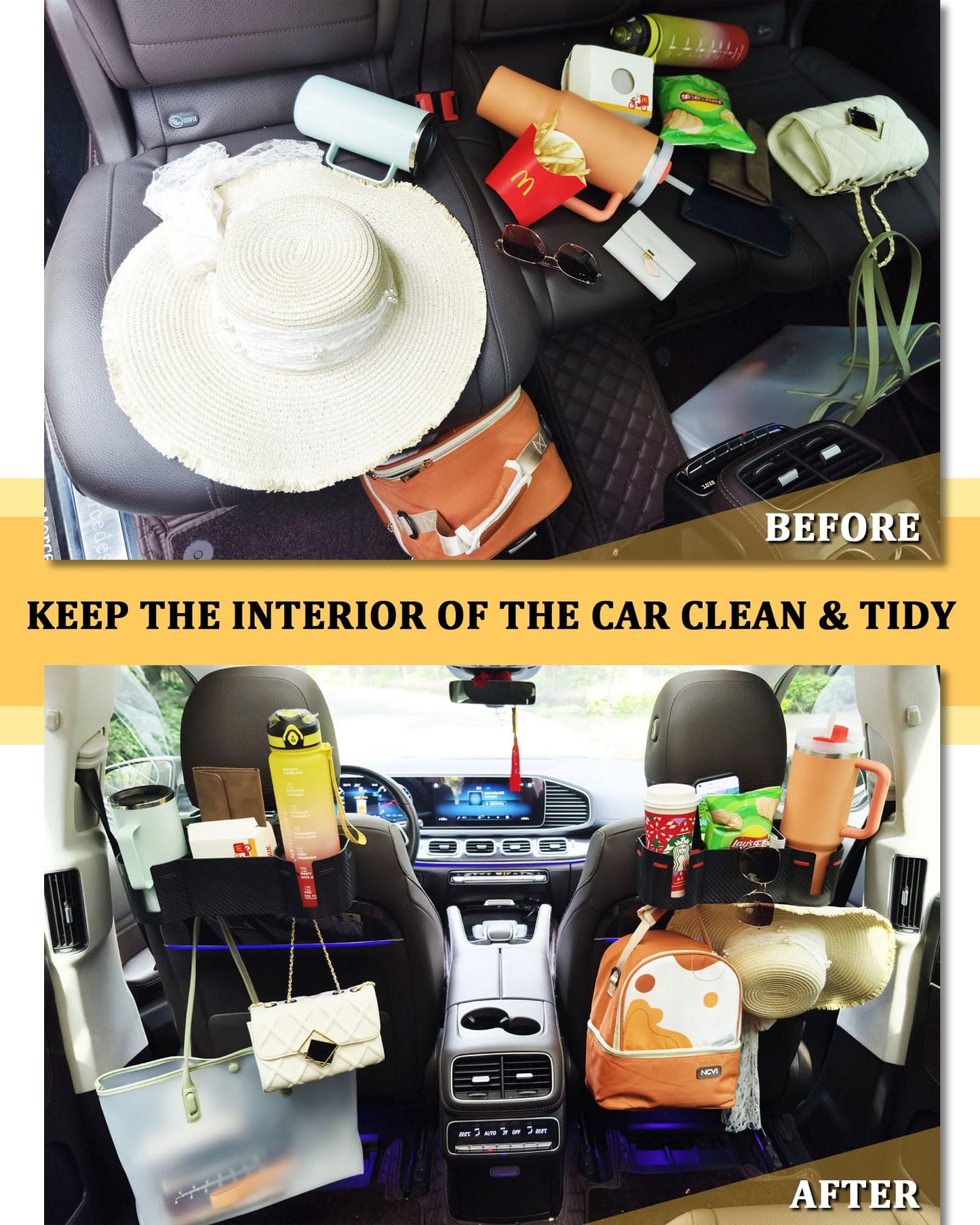 Car Headrest Backseat Cup Holder with Hooks, Multifunctional Organizer